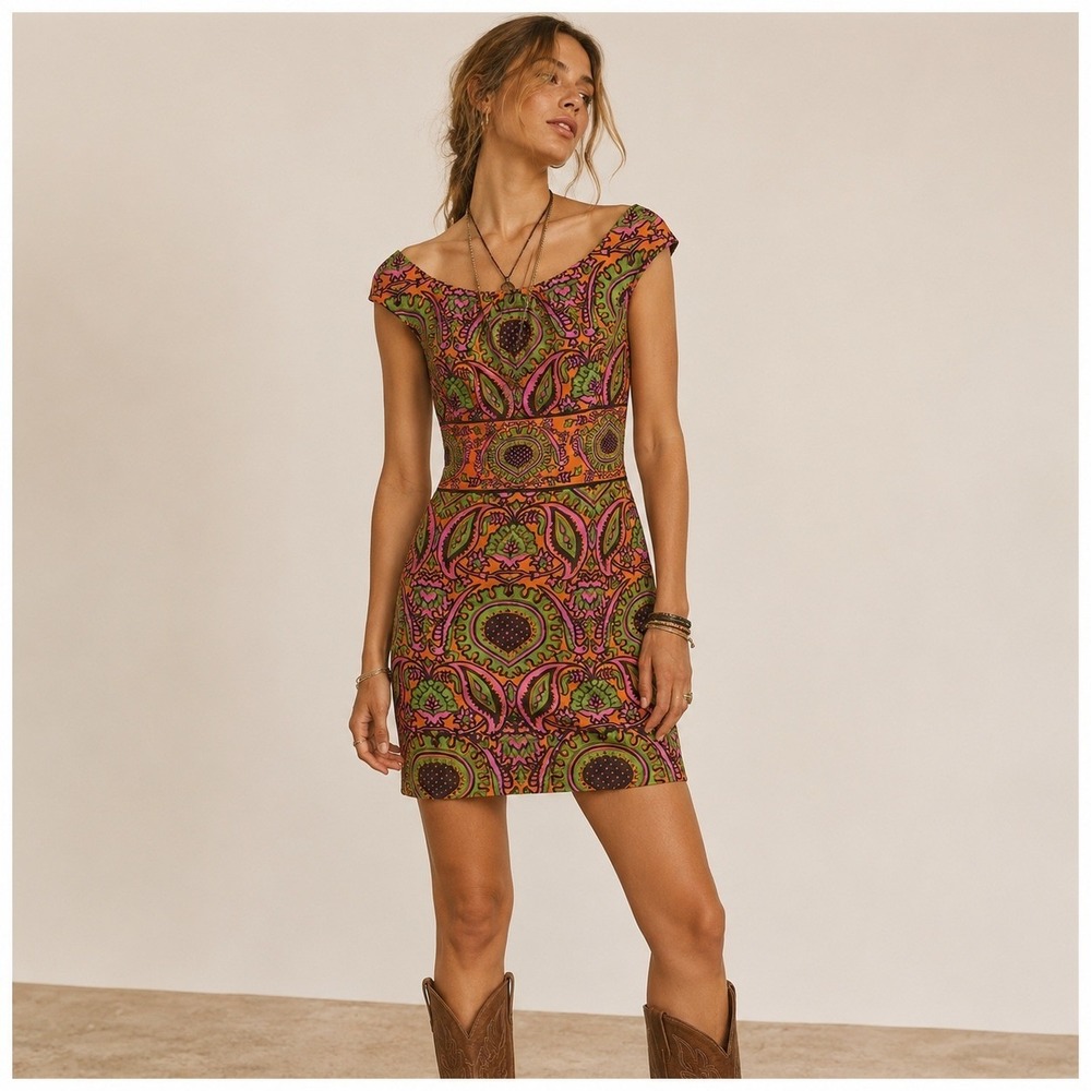 Milly Paisley Silk Mini Dress Womens 4 Orange Pink Y2K Retro Boho Chic Mod USA